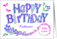 Custom Name Birthday Pretty Pink and Blue Periwinkle Flowers and Butte card