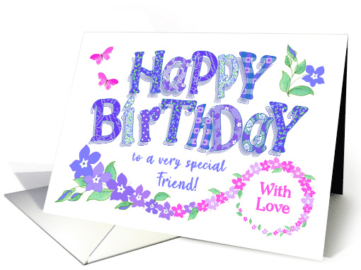 For Friend Birthday Pretty Pink Blue Periwinkle Flowers and Butte card