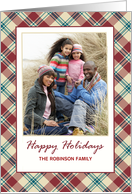 Happy Holidays Custom Name Photo Upload with Red Tartan Border card