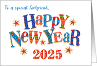 For Girlfriend New Year 2025 with Stars and Word Art card