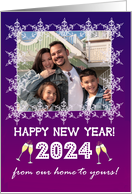 New Year 2024 Photo upload Our Home to Yours Snowflakes and Champagne card