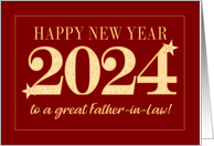 For Father in Law New Year 2024 Gold Effect on Dark Red with Stars card