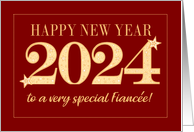 For Fiancee New Year 2024 Gold Effect on Dark Red with Stars card