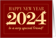 For Friend New Year 2024 Gold Effect on Dark Red with Stars card