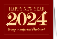 For Partner New Year 2024 Gold Effect on Dark Red with Stars card