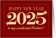 For Partner New Year 2025 Gold Effect on Dark Red with Stars card