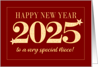 For Niece New Year 2025 Gold Effect on Dark Red with Stars card