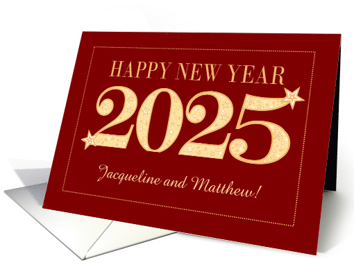 Custom Name New Year 2025 Gold Effect on Dark Red with Stars card