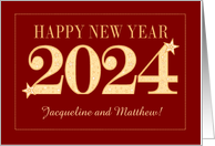 Custom Name New Year 2024 Gold Effect on Dark Red with Stars card