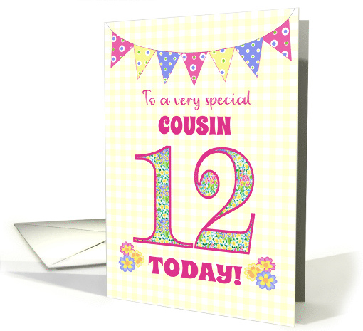 For Cousin 12th Birthday with Primrose Flowers and Bunting card
