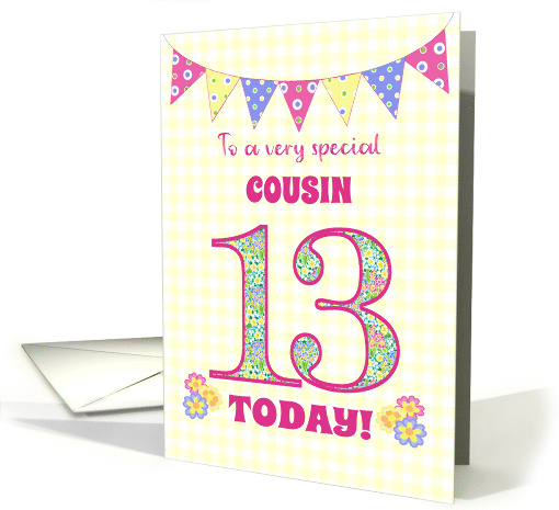 For Cousin 13th Birthday with Primrose Flowers and Bunting card