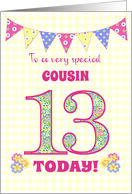 For Cousin 13th Birthday with Primrose Flowers and Bunting card