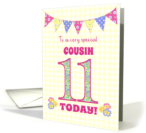 For Cousin 11th Birthday with Primrose Flowers and Bunting card