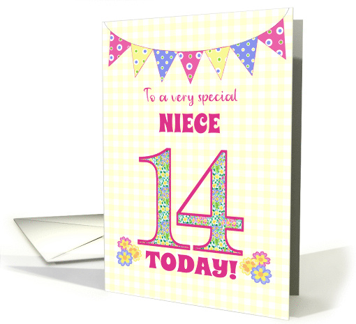 For Niece 14th Birthday with Primrose Flowers and Bunting card