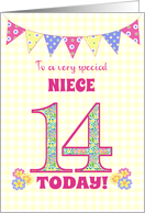 For Niece 14th Birthday with Primrose Flowers and Bunting card