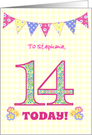 Custom Name Stephanie 14th Birthday with Primrose Flowers and Bunting card