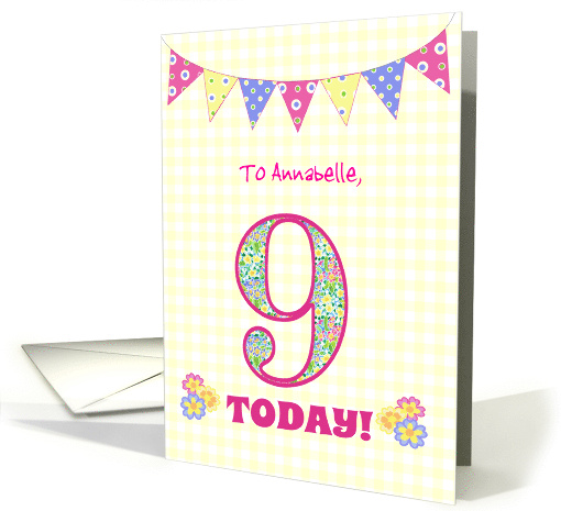 Custom Name 9th Birthday with Primrose Flowers and Bunting card