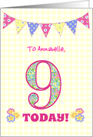 Custom Name 9th Birthday with Primrose Flowers and Bunting card