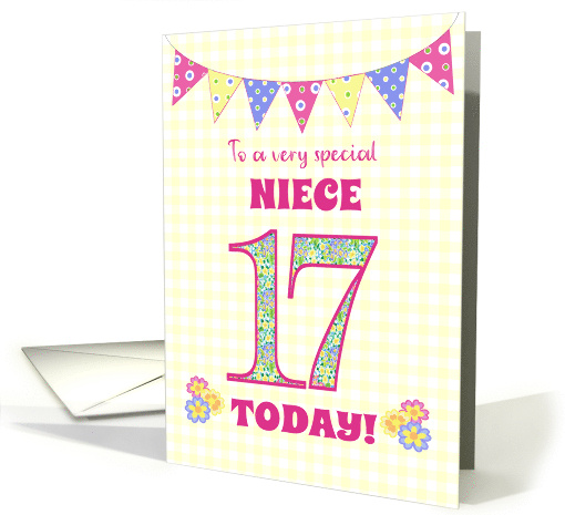 For Niece 17th Birthday with Primrose Flowers and Bunting card