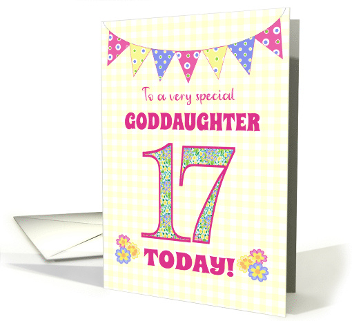 For Goddaughter 17th Birthday with Primrose Flowers and Bunting card