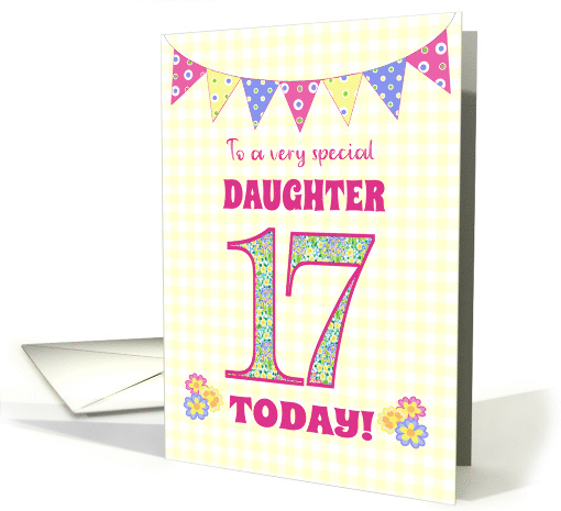 For Daughter 17th Birthday with Primrose Flowers and Bunting card