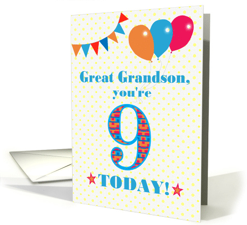 Great Grandson 9th Birthday with Bunting Stars and Balloons card