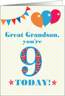 Great Grandson 9th Birthday with Bunting Stars and Balloons card