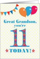 Great Grandson 11th Birthday with Bunting Stars and Balloons card