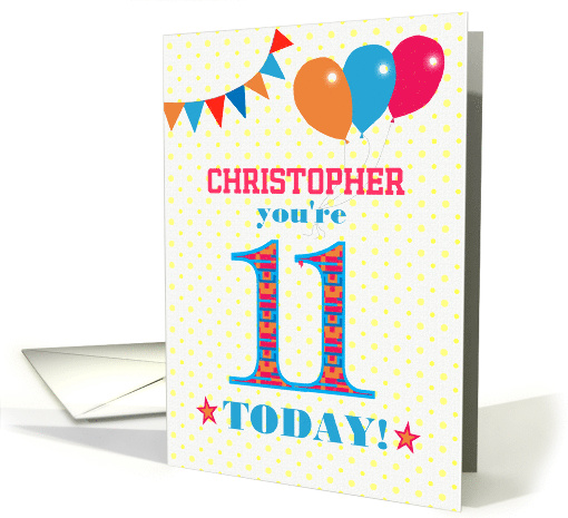 Custom Name 11th Birthday with Bunting Stars and Balloons card