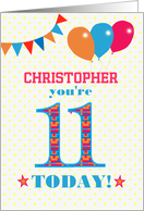 Custom Name 11th Birthday with Bunting Stars and Balloons card