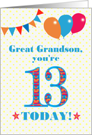 For Great Grandson 13th Birthday with Bunting Stars and Balloons card