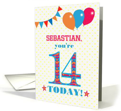 Custom Name 14th Birthday with Bunting Stars and Balloons card