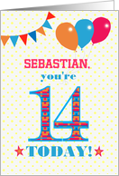 Custom Name 14th Birthday with Bunting Stars and Balloons card