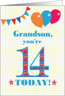 For Grandson 14th Birthday with Bunting Stars and Balloons card