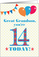 For Great Grandson 14th Birthday with Bunting Stars and Balloons card