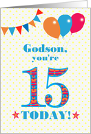 For Godson15th Birthday with Bunting Stars and Balloons card