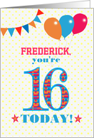 Custom Name16th Birthday with Bunting Stars and Balloons card