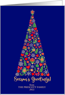 Custom Name Christmas Tree Seasons Greetings Stars Snowflakes card