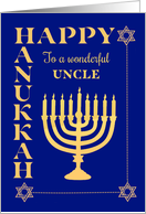 For Uncle Hanukkah with Menorah and Star of David on Dark Blue card