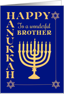 For Brother Hanukkah with Menorah and Star of David on Dark Blue card