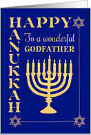 For Godfather Hanukkah with Menorah Star of David on Dark Blue card