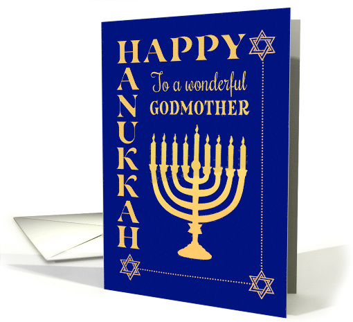 For Godmother Hanukkah with Menorah Star of David on Dark Blue card