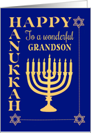 For Grandson Hanukkah with Menorah Star of David on Dark Blue card