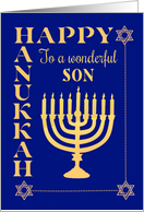 For Son Hanukkah with Menorah Star of David on Dark Blue card