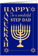 For Step Dad Hanukkah with Menorah Star of David on Dark Blue card