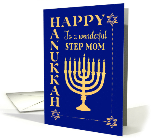 For Step Mom Hanukkah with Menorah Star of David on Dark Blue card