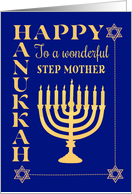 For Step Mother Hanukkah with Menorah Star of David on Dark Blue card