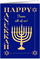 Hanukkah From All of Us with Menorah Star of David on Dark Blue card