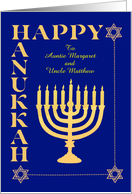 Custom Name Hanukkah with Menorah and Star of David on Dark Blue card