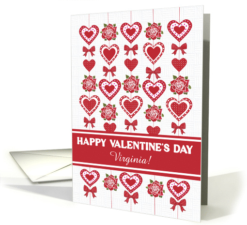 Custom Name Valentines Day Red and White Hearts Red Roses and Bow card